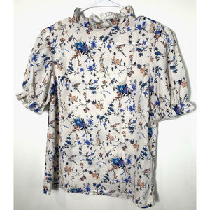 Darling Floral Top Blouse Shirt Size XS White Round Neck